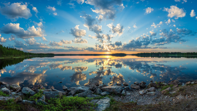 Lake rocks grass clouds reflection free wallpaper - medium preview image