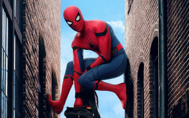 Spiderman hanging cityscape rooftop sky free wallpaper - medium preview image