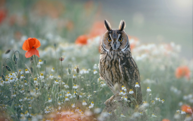 Owl flower field red background free wallpaper - medium preview image