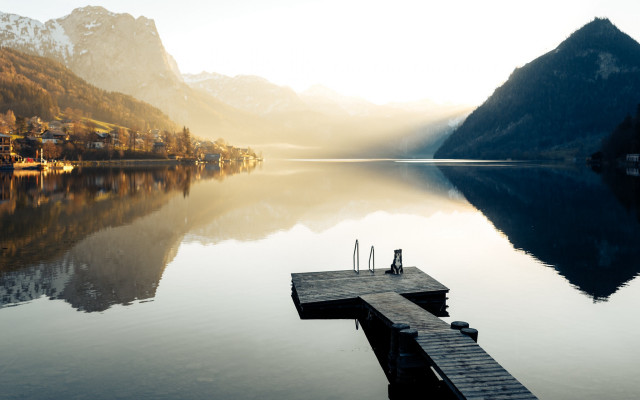 Lake mountain dock person sunset free wallpaper - medium preview image