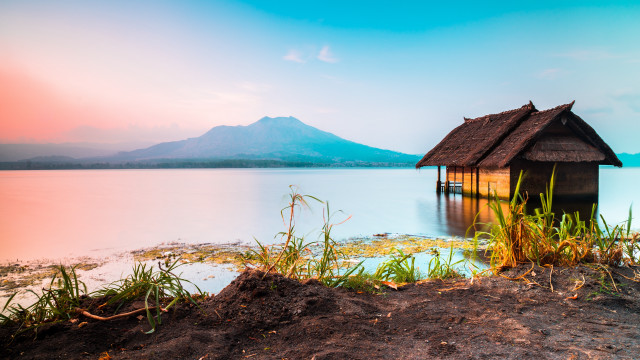 Lake mountain hut sunset landscape free wallpaper - medium preview image