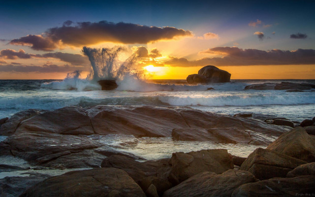Wave rocks sunset ocean foreground free wallpaper - medium preview image