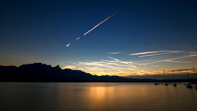 Sunset plane lake mountains clouds free wallpaper - medium preview image