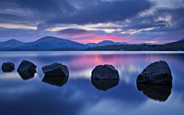 Rock lake mountains sunset cloudy free wallpaper - medium preview image