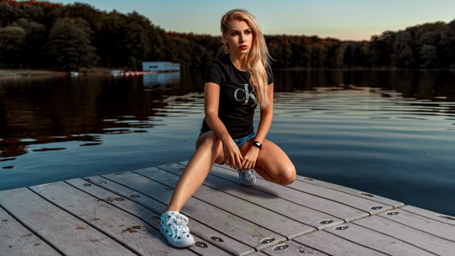 Woman dock water boat trees free wallpaper - medium preview image