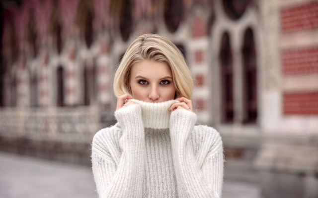 Woman white sweater posing outdoors free wallpaper - medium preview image