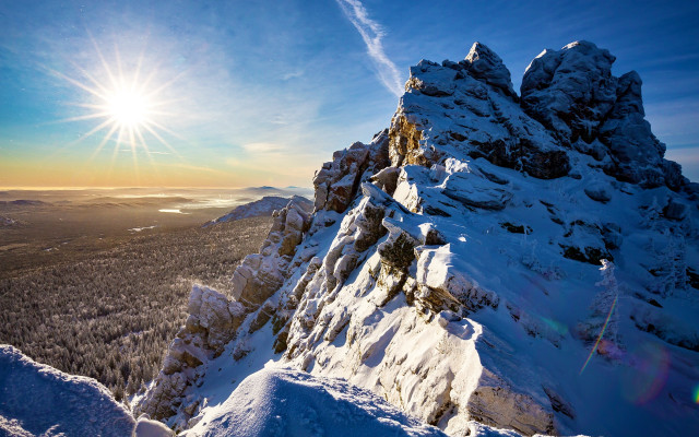 Mountain sun snow trees lake free wallpaper - medium preview image