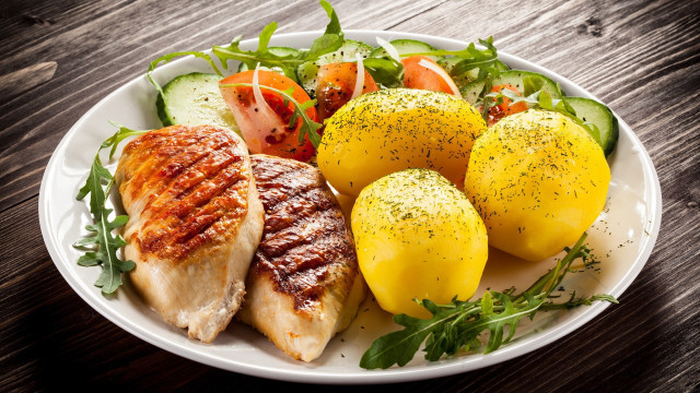 Plate meat vegetables lemons wooden free wallpaper - medium preview image