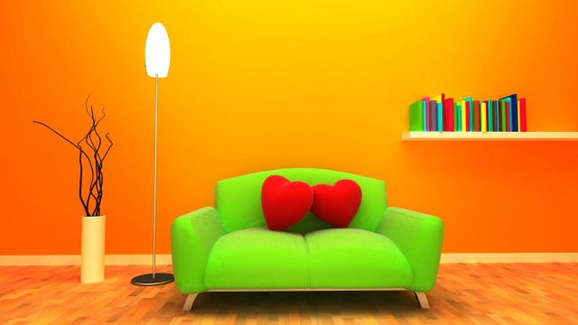 Green couch red pillows yellow free wallpaper - medium preview image