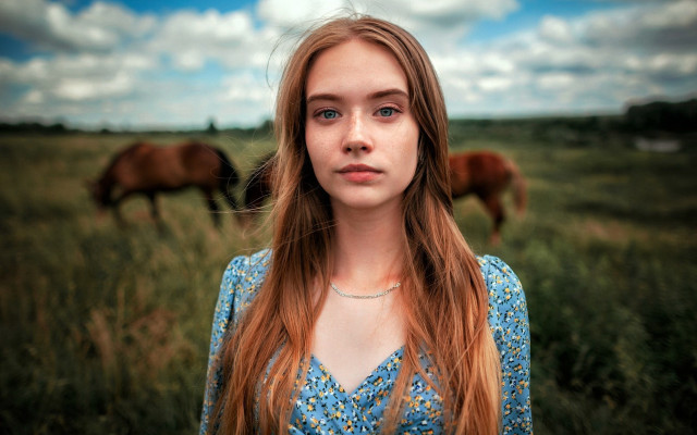 Woman horses field clouds portrait free wallpaper - medium preview image