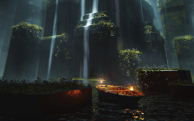 Boat waterfall forest night lights free wallpaper - medium preview image