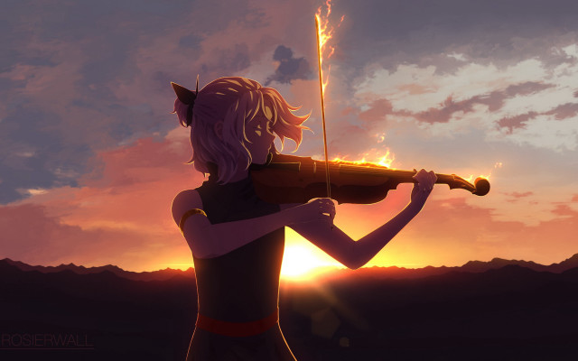 Woman violin sunset mountains clouds free wallpaper - medium preview image