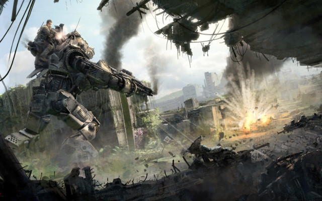 Futuristic city giant robot explosion free wallpaper - medium preview image