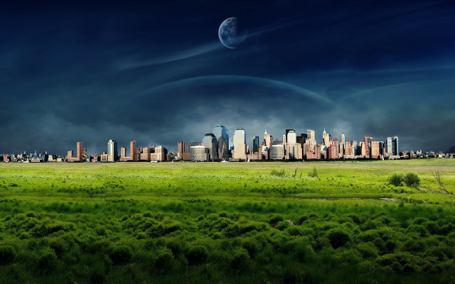 City skyline moon green field #2 free wallpaper - medium preview image