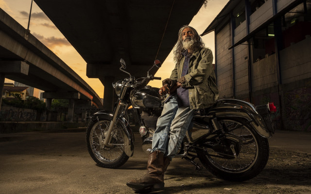 Man motorcycle bridge sunset beard free wallpaper - medium preview image