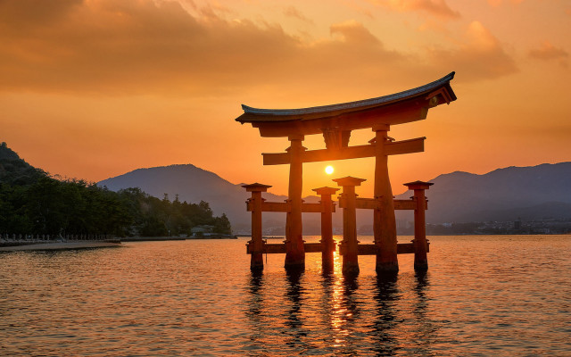 Sunset mountains water structure bridge free wallpaper - medium preview image
