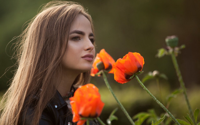 Woman longhair flowers serious bokeh free wallpaper - medium preview image
