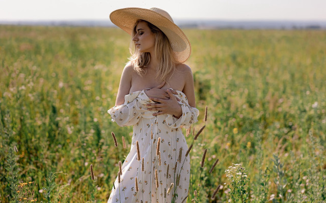 Woman hat field flowers elina free wallpaper - medium preview image