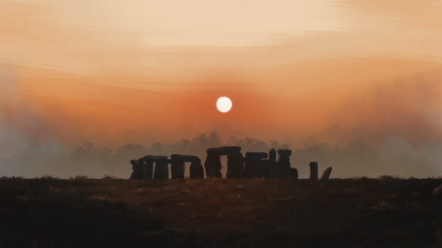 Sunset stonehenges distant moon orange free wallpaper - medium preview image
