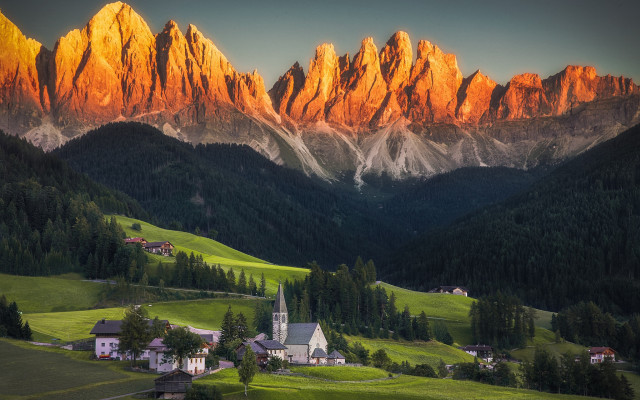 Church valley mountains sunset forest free wallpaper for desktop - medium preview image