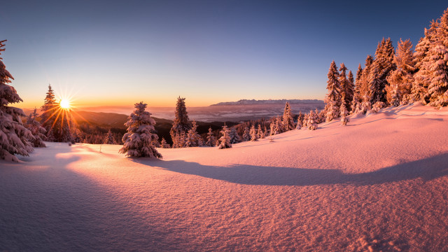Snowy mountain trees sunset city #2 free wallpaper - medium preview image