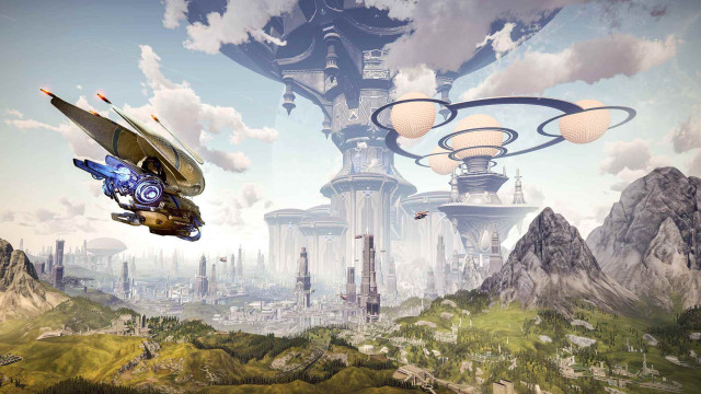 Futuristic city flying saucer sky free wallpaper - medium preview image