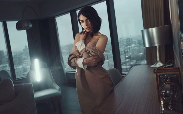 Woman clock window city hologram free wallpaper - medium preview image