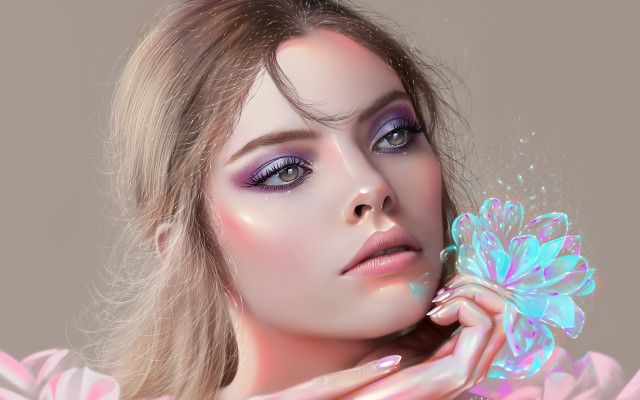 Woman flower pink dress butterfly free wallpaper for desktop - medium preview image