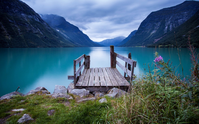 Wooden dock lake mountains forest free wallpaper - medium preview image