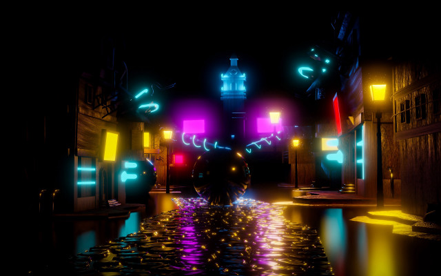 Neon alley reflection cityscape night free wallpaper - medium preview image