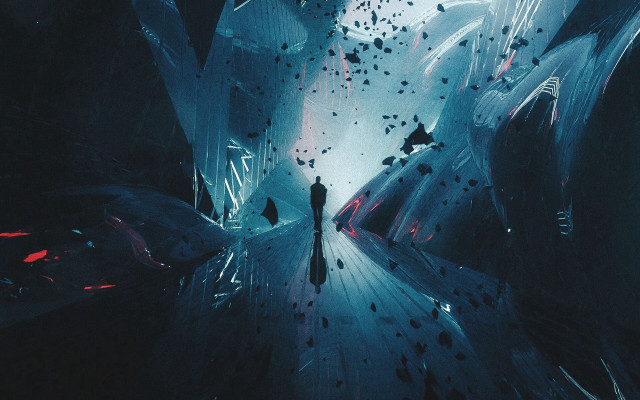 Tunnel walking blue light cyberpunk free wallpaper - medium preview image