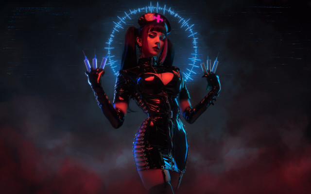 Futuristic woman neon lights cyberpunk free wallpaper - medium preview image