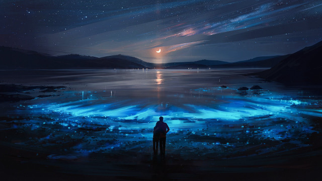 Night sky lake moon stars free wallpaper - medium preview image