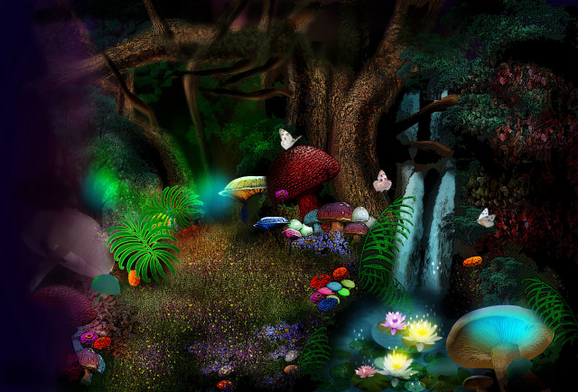 Forest waterfall mushrooms flowers butterfly free wallpaper - medium preview image