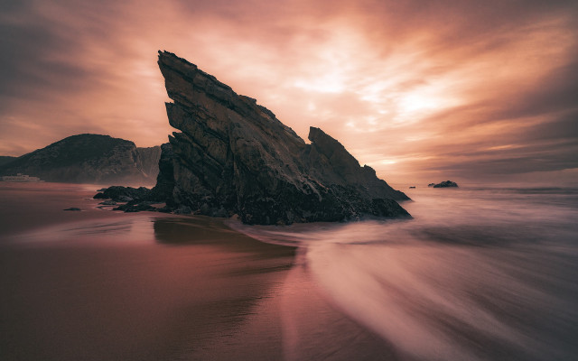 Rock ocean sunset cloudy mountains free wallpaper - medium preview image