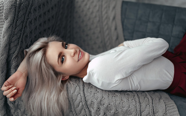 Woman smiling laying outdoors whitehair free wallpaper - medium preview image
