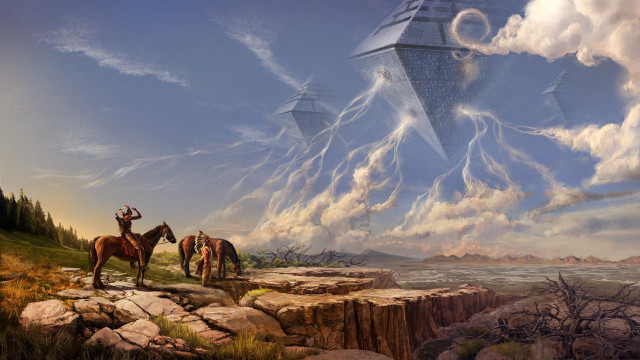 Man horse pyramid clouds dusk free wallpaper - medium preview image