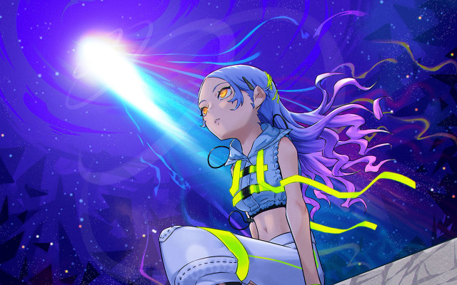 Blue hair girl astronaut cityscape free wallpaper - medium preview image