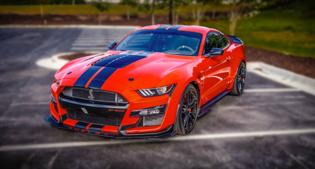 Red mustang blue stripes parking free wallpaper - medium preview image