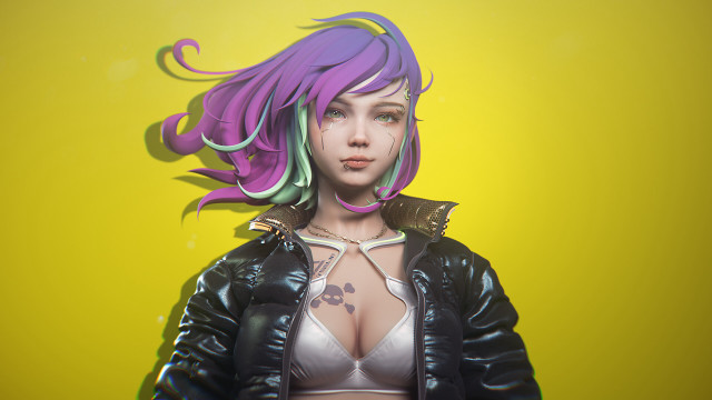 Purple hair leather jacket cyberpunk free wallpaper - medium preview image