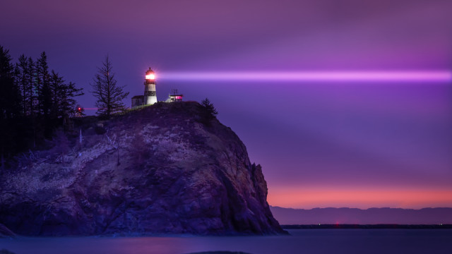 Lighthouse rock purple sky hologram free wallpaper - medium preview image