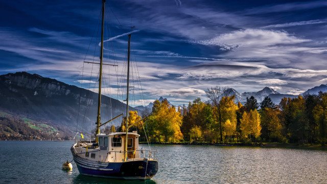 Boat mountain lake forest sunset free wallpaper - medium preview image
