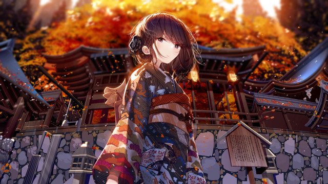 Kimono fireplace autumn leaves anime free wallpaper - medium preview image