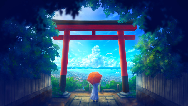 Cityscape umbrella shrine stairs nature free wallpaper - medium preview image