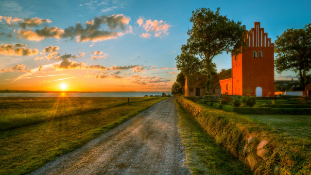 Dirt road red building tower free wallpaper - medium preview image