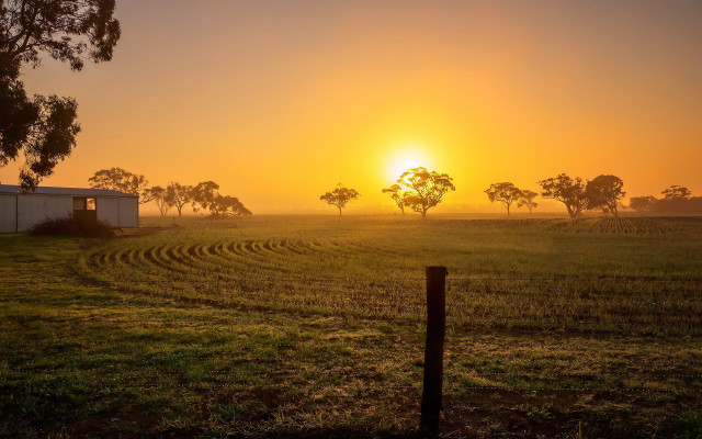 Sunset field fence building cityscape free wallpaper - medium preview image