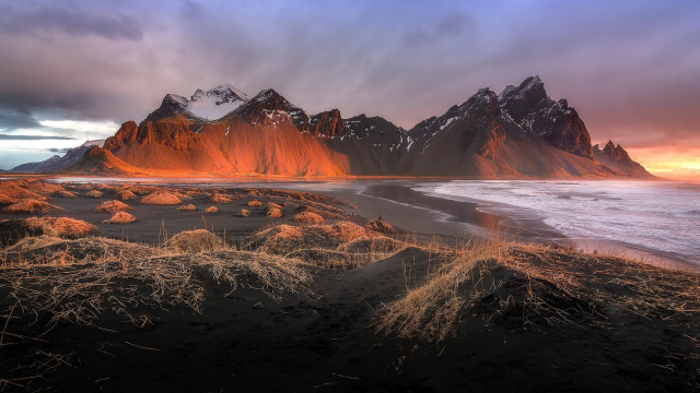 Mountain beach grass sunset cloudy free wallpaper - medium preview image