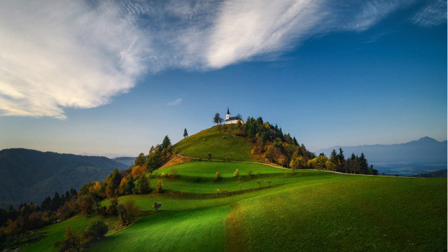 Green hill house trees blue free wallpaper - medium preview image