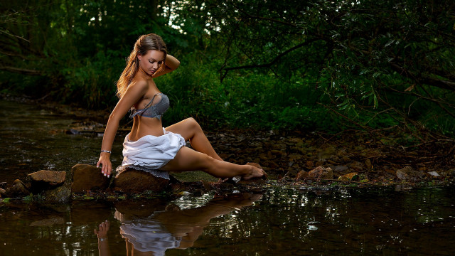 Woman white dress river forest free wallpaper - medium preview image