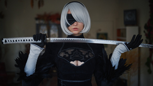 Woman sword mask blindfold blackdress free wallpaper - medium preview image